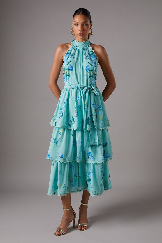 karen millen Sleeveless Halter Chiffon Midi Tiered Dress blue