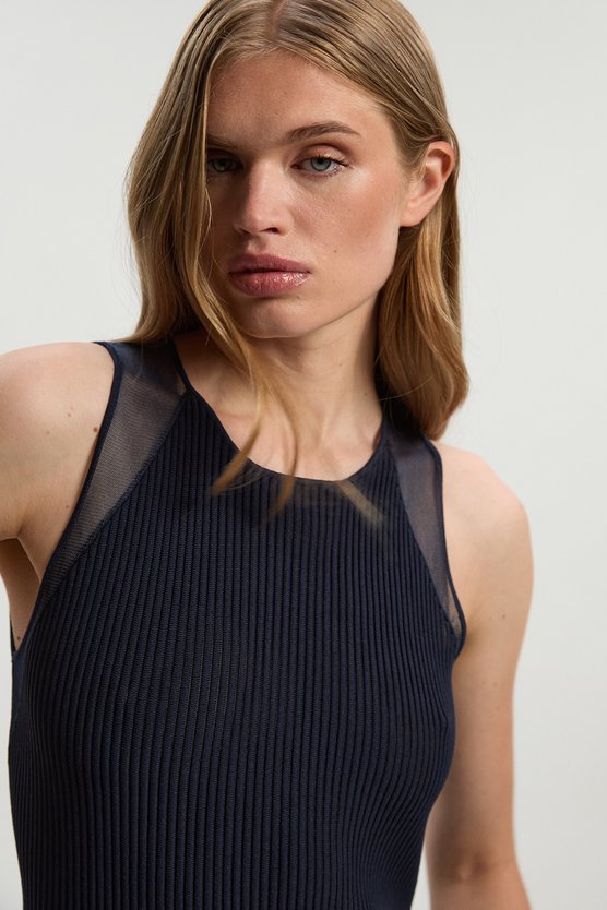 Karen Millen Sleeveless Viscose Blend Knitted Dress With Sparkle Sheer Details Navy