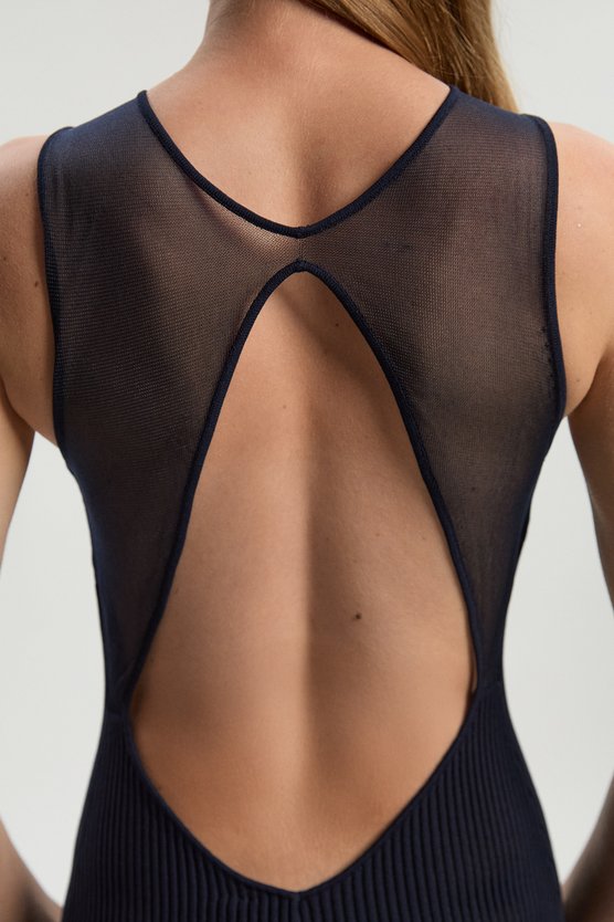 Karen Millen Sleeveless Viscose Blend Knitted Dress With Sparkle Sheer Details Navy