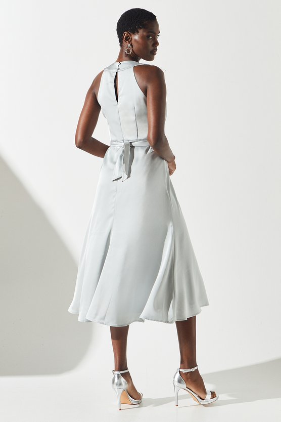 Karen Millen Sleeveless Wrap From Satin Midi Dress Grey