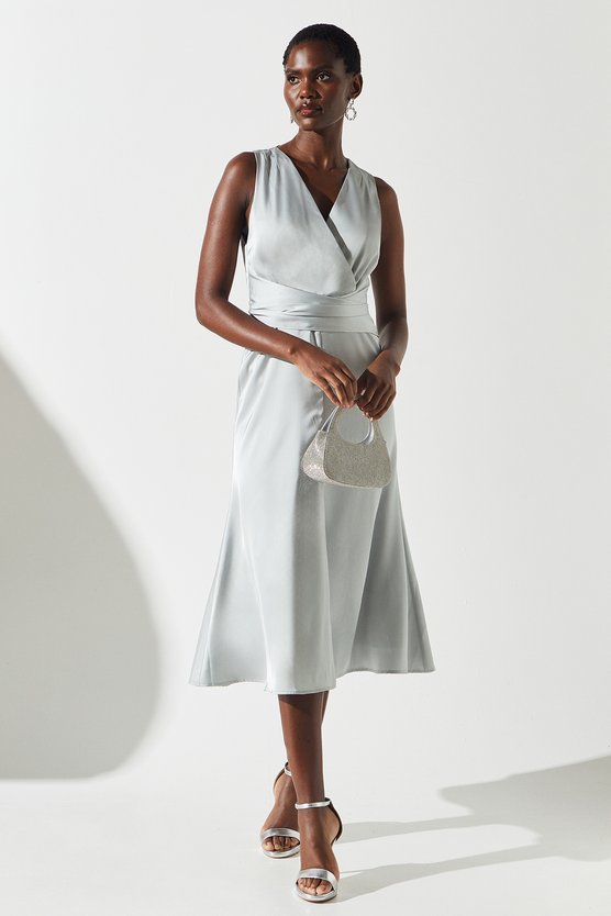 karen millen Sleeveless Wrap From Satin Midi Dress grey