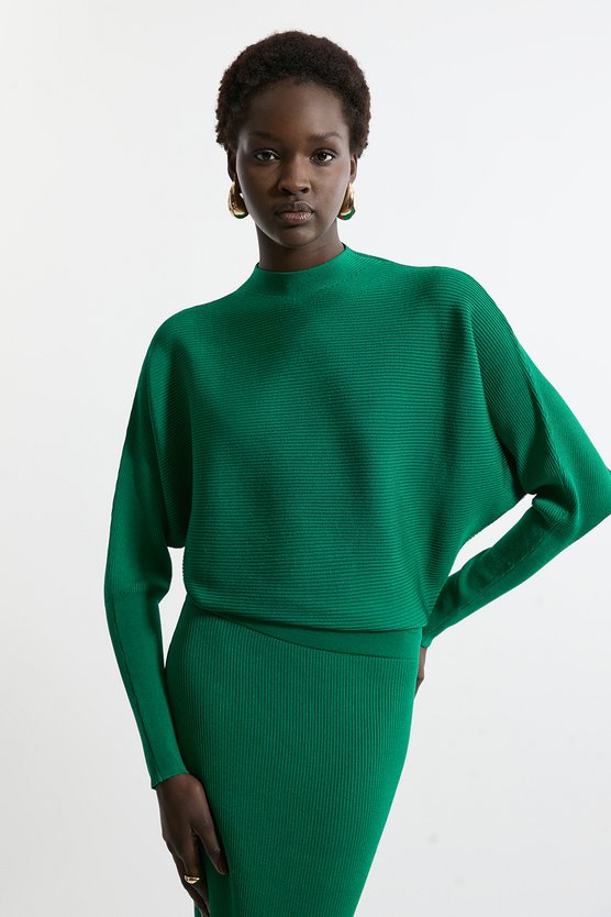 Karen Millen Slinky Drape Knit Bat Wing Pencil Midi Dress Green