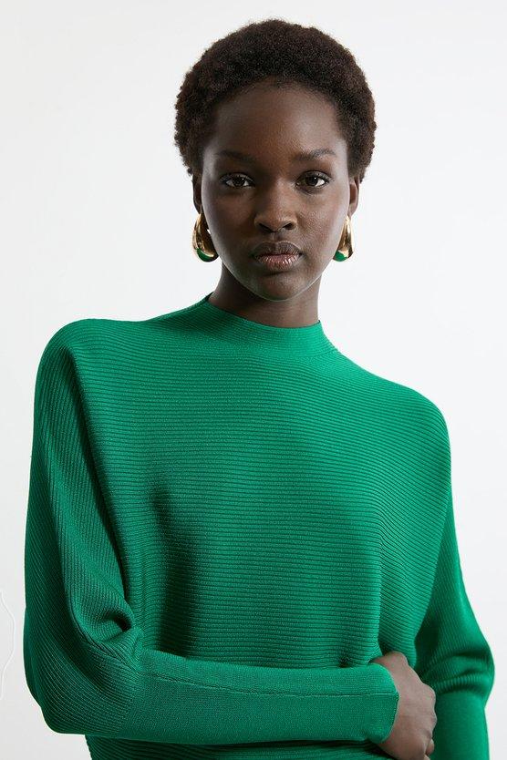 Karen Millen Slinky Drape Knit Bat Wing Pencil Midi Dress Green