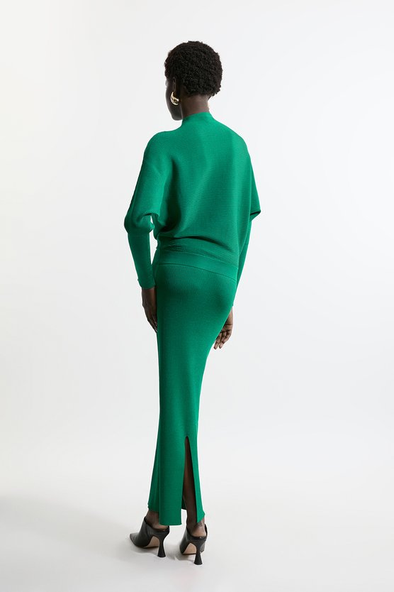 Karen Millen Slinky Drape Knit Bat Wing Pencil Midi Dress Green