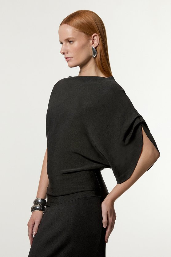 Karen Millen Slinky Viscose Knit Dropped Waist Asymmetric Maxi Dress Black