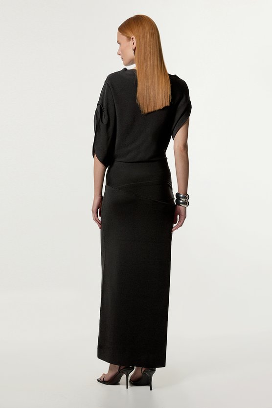 Karen Millen Slinky Viscose Knit Dropped Waist Asymmetric Maxi Dress Black