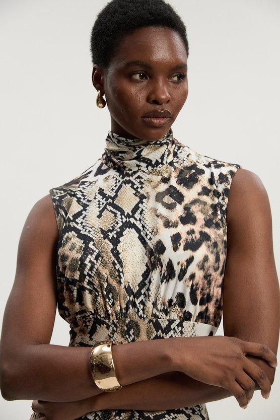 Karen Millen Snake Print High Neck Jersey Crepe Maxi Dress Snake