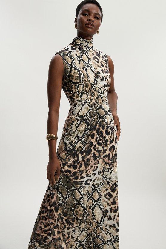 Karen Millen Snake Print High Neck Jersey Crepe Maxi Dress Snake