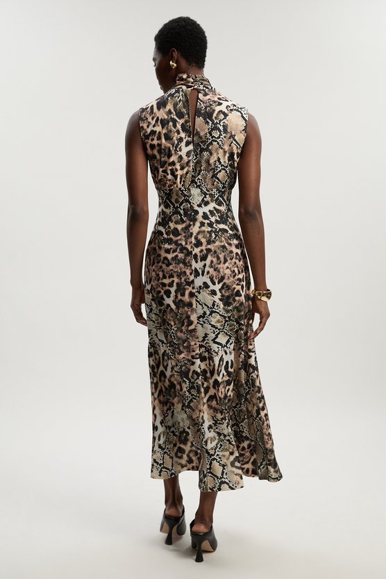Karen Millen Snake Print High Neck Jersey Crepe Maxi Dress Snake