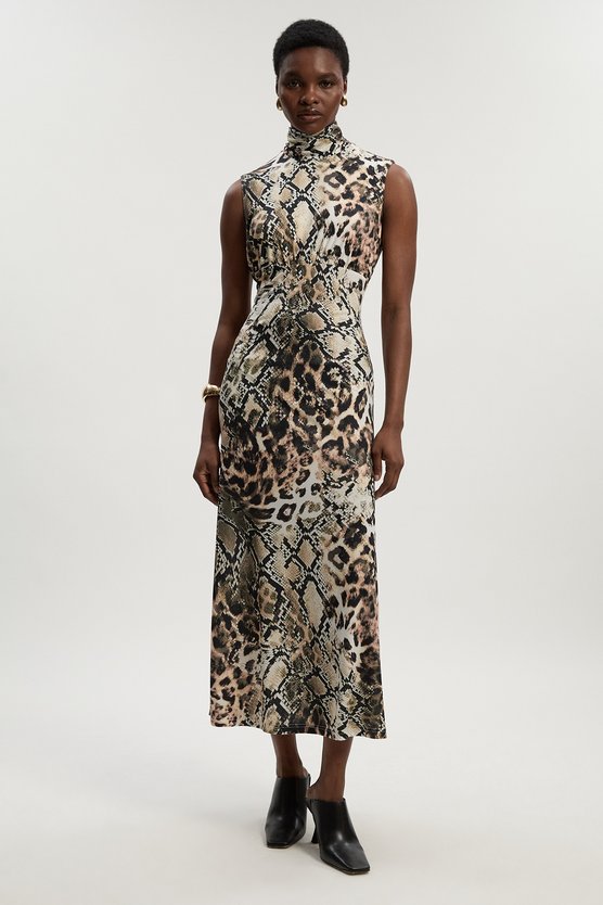 karen millen Snake Print High Neck Jersey Crepe Maxi Dress snake
