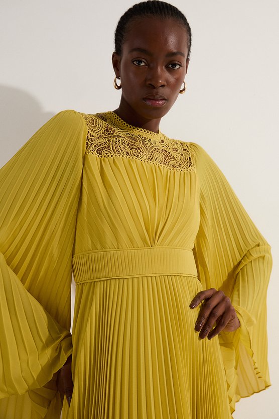 Karen Millen Soft Pleated Lace Detail Woven Kimono Sleeve Maxi Dress Mustard