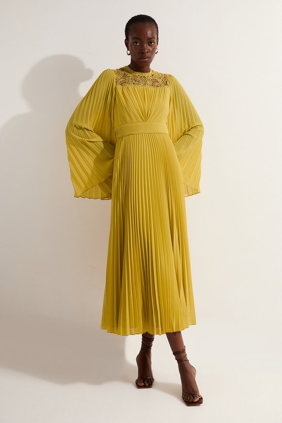 karen millen Soft Pleated Lace Detail Woven Kimono Sleeve Maxi Dress mustard