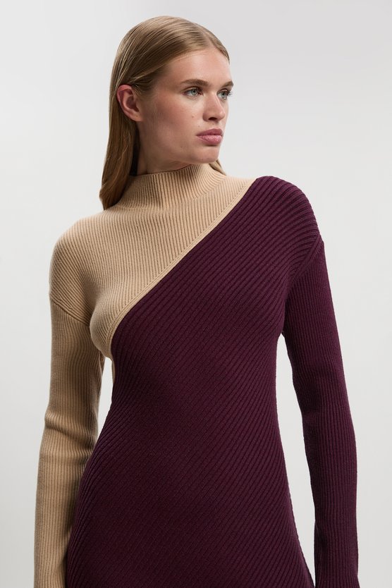 Karen Millen Soft Ribbed Asymmetric Hem Knitted Dress Camel