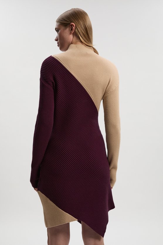 Karen Millen Soft Ribbed Asymmetric Hem Knitted Dress Camel