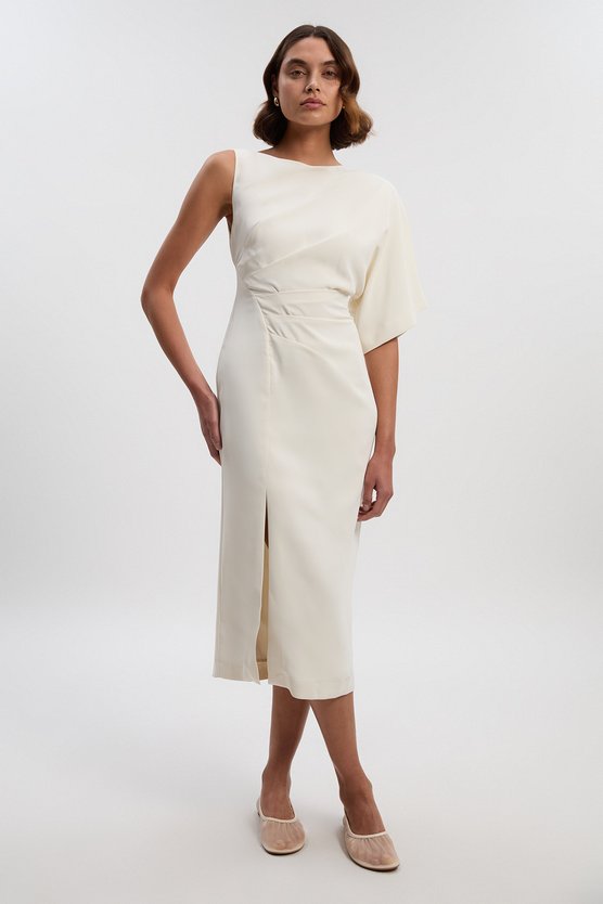 Karen Millen Soft Tailored Asymmetric Sleeve Midi Dress Ivory