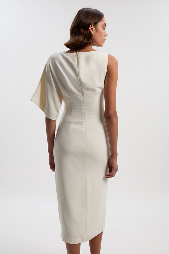 Karen Millen Soft Tailored Asymmetric Sleeve Midi Dress Ivory