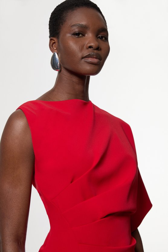 Karen Millen Soft Tailored Asymmetric Sleeve Midi Dress Red