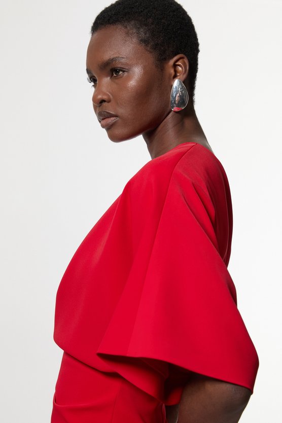 Karen Millen Soft Tailored Asymmetric Sleeve Midi Dress Red