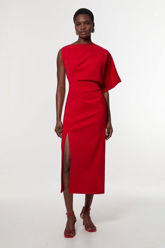 karen millen Soft Tailored Asymmetric Sleeve Midi Dress red