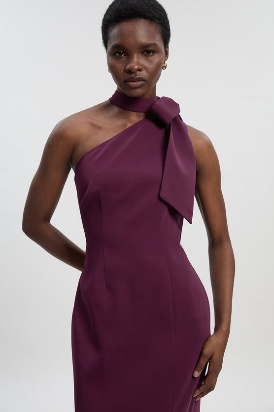 Karen Millen Soft Tailored Bow Tie Neck Midi Dress Burgundy