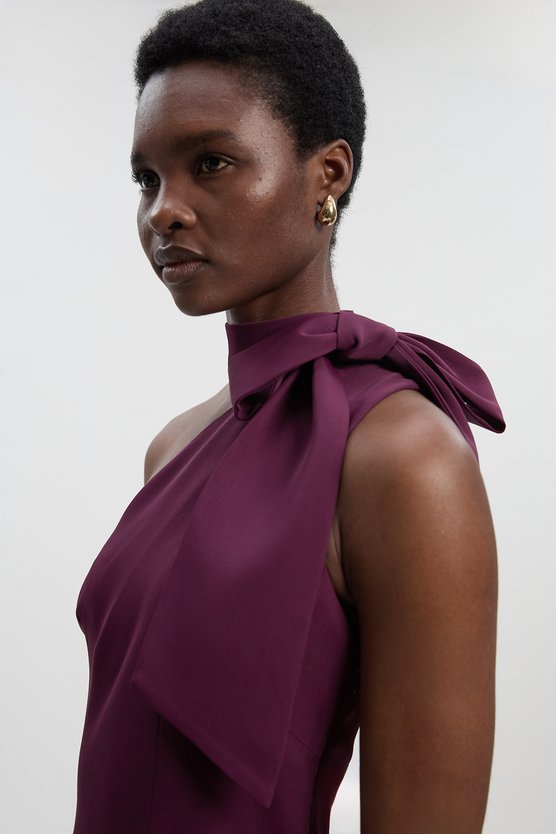 Karen Millen Soft Tailored Bow Tie Neck Midi Dress Burgundy
