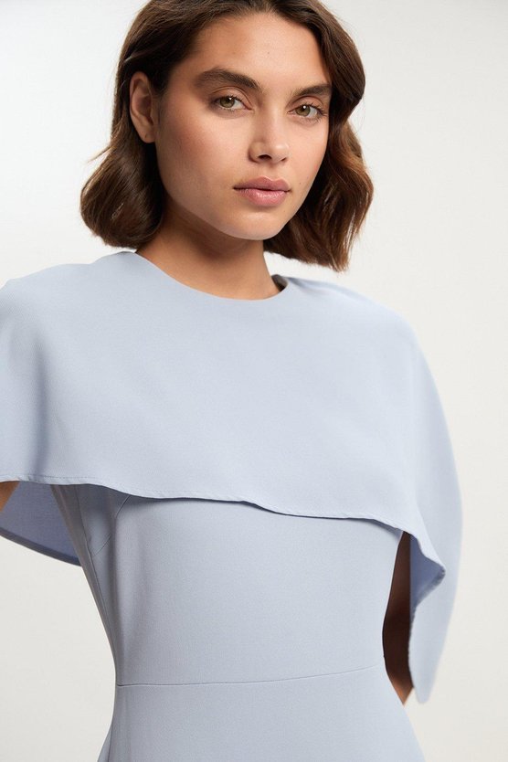 Karen Millen Soft Tailored Cape Detail Tailored Midi Dress Pale Blue