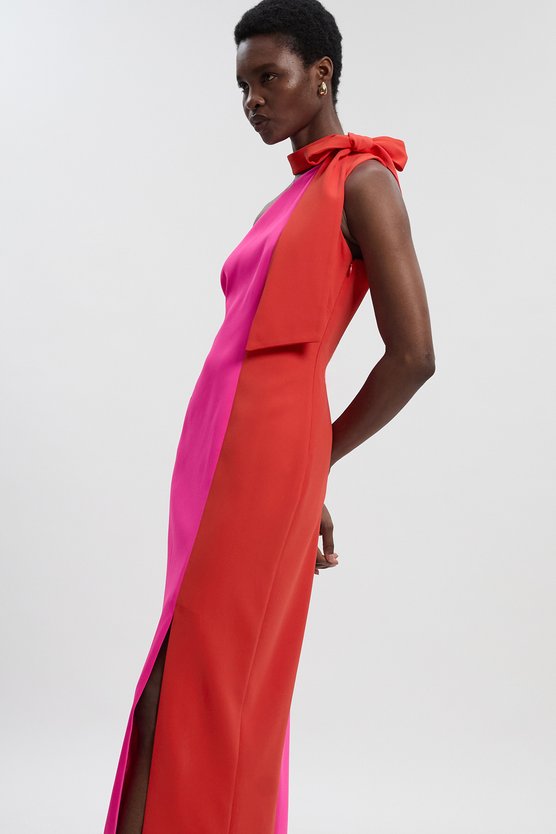 Karen Millen Soft Tailored Colour Block Bow Tie Neck Midi Dress Pink