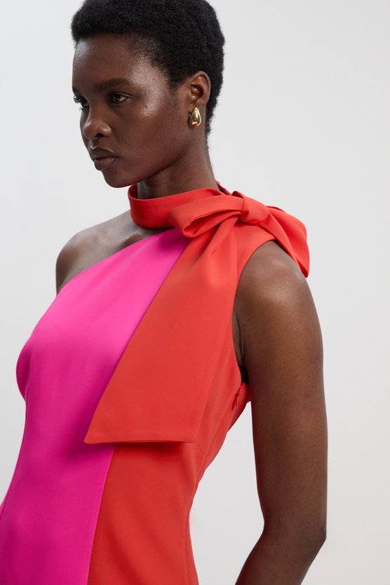 Karen Millen Soft Tailored Colour Block Bow Tie Neck Midi Dress Pink