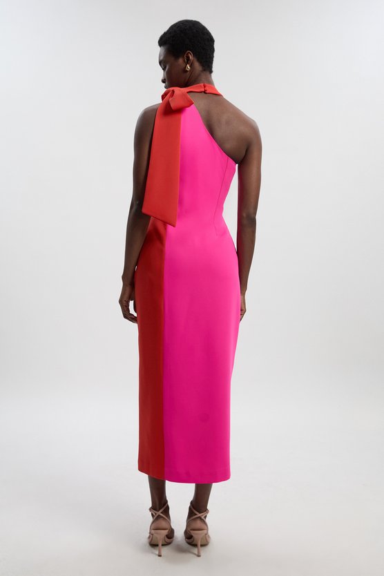 Karen Millen Soft Tailored Colour Block Bow Tie Neck Midi Dress Pink