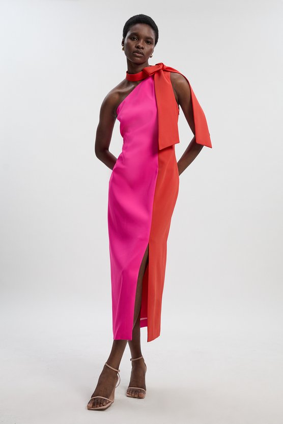 karen millen Soft Tailored Colour Block Bow Tie Neck Midi Dress pink karen millen Soft Tailored Colour Block Bow Tie Neck Midi Dress pink