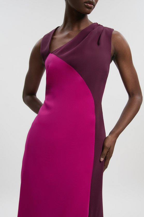 Karen Millen Soft Tailored Colour Block Halter Neck Midi Dress Fuchsia