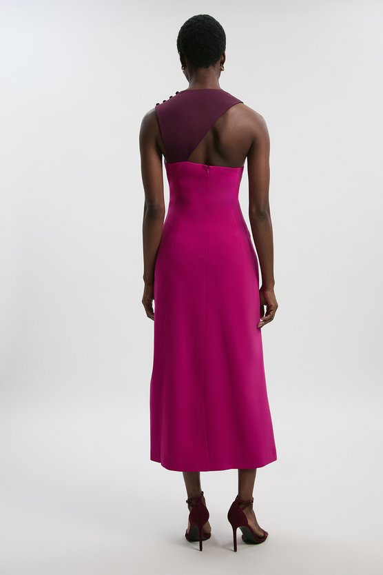 Karen Millen Soft Tailored Colour Block Halter Neck Midi Dress Fuchsia