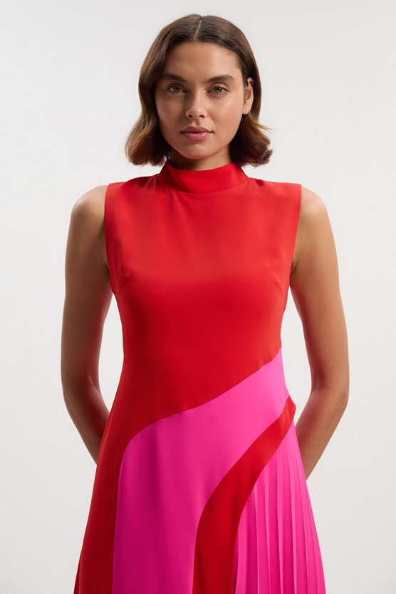 Karen Millen Soft Tailored Colour Block High Neck Pleated Midi Dress Pink