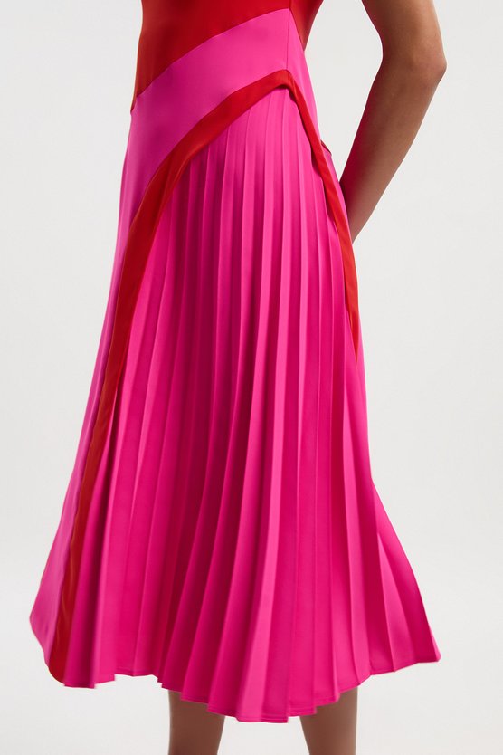 Karen Millen Soft Tailored Colour Block High Neck Pleated Midi Dress Pink