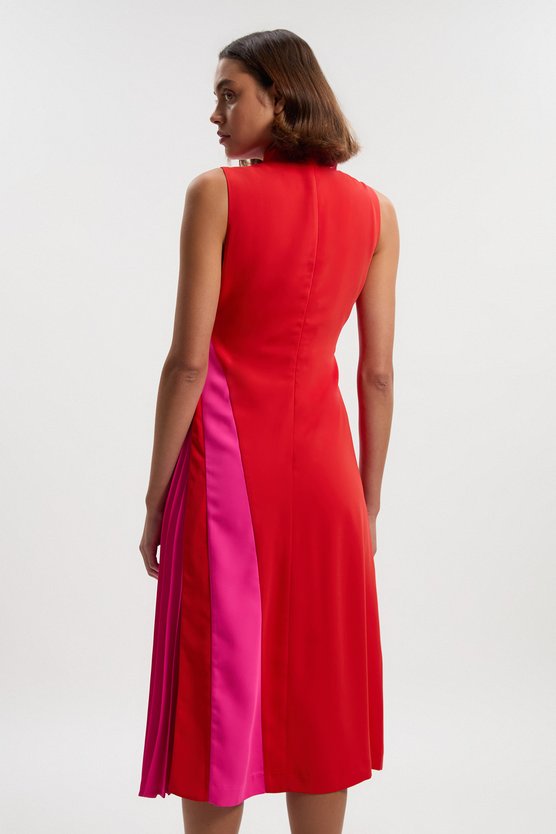 Karen Millen Soft Tailored Colour Block High Neck Pleated Midi Dress Pink