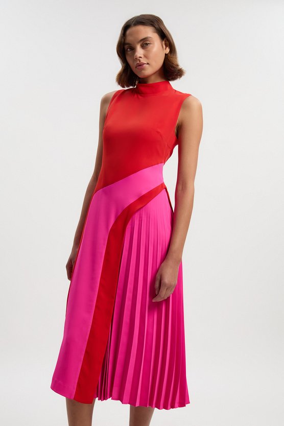 karen millen Soft Tailored Colour Block High Neck Pleated Midi Dress pink karen millen Soft Tailored Colour Block High Neck Pleated Midi Dress pink