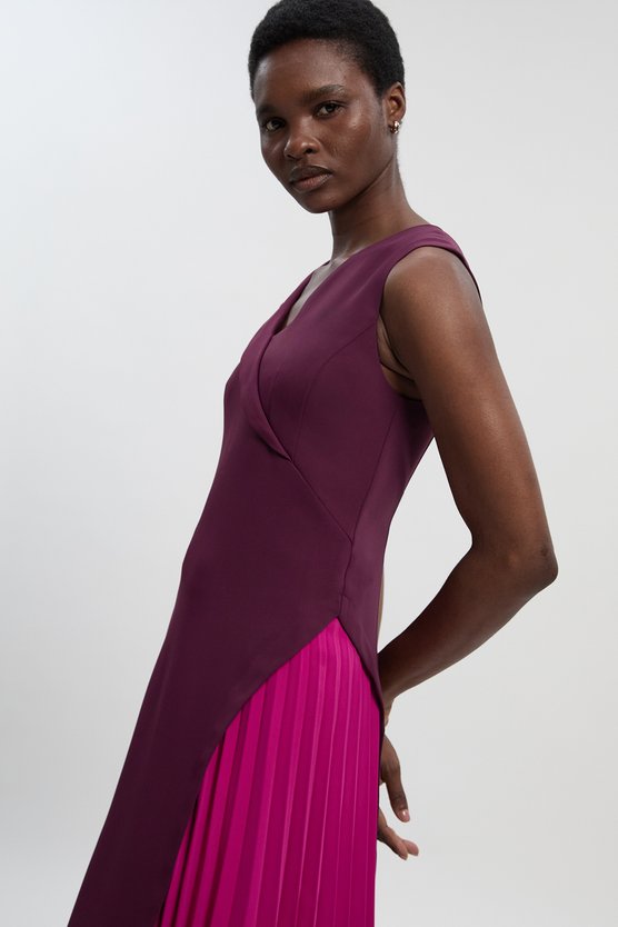Karen Millen Soft Tailored Colour Block Pleated Side Sleeveless Midi Dress Burgundy