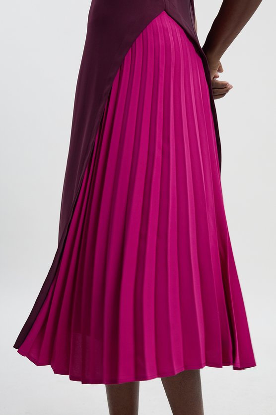 Karen Millen Soft Tailored Colour Block Pleated Side Sleeveless Midi Dress Burgundy