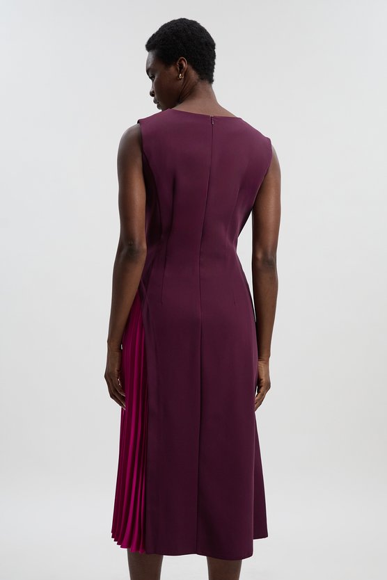 Karen Millen Soft Tailored Colour Block Pleated Side Sleeveless Midi Dress Burgundy