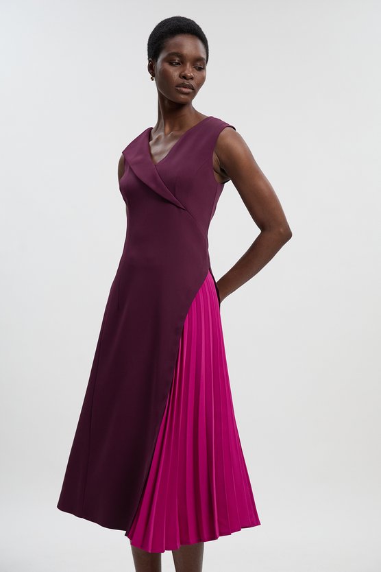 karen millen Soft Tailored Colour Block Pleated Side Sleeveless Midi Dress burgundy