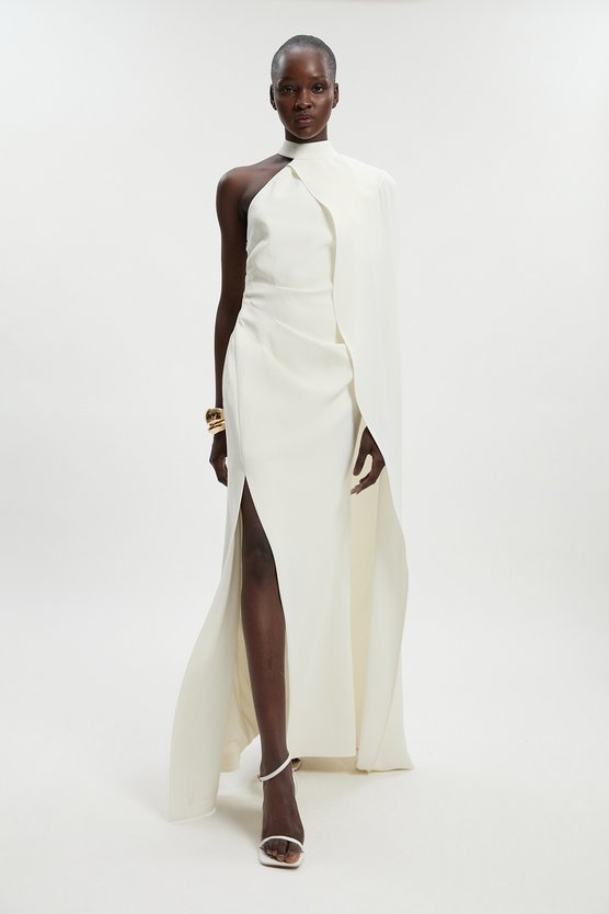 Karen Millen Soft Tailored One Shoulder Cape Sleeve Maxi Dress Ivory