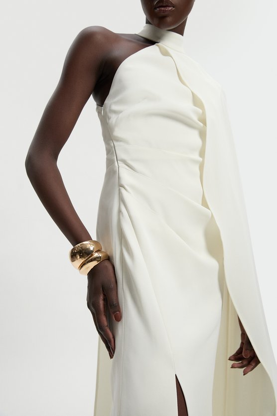 Karen Millen Soft Tailored One Shoulder Cape Sleeve Maxi Dress Ivory