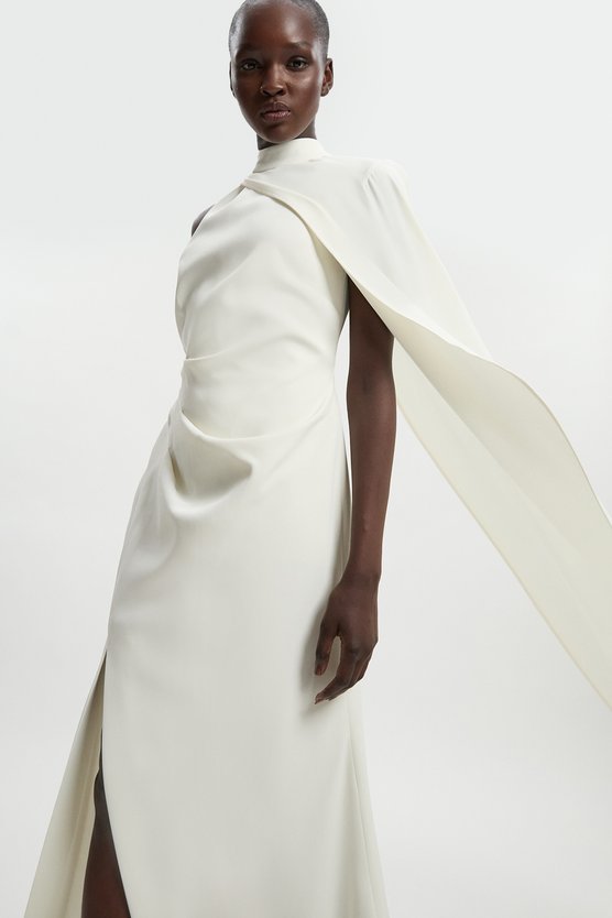 karen millen Soft Tailored One Shoulder Cape Sleeve Maxi Dress ivory