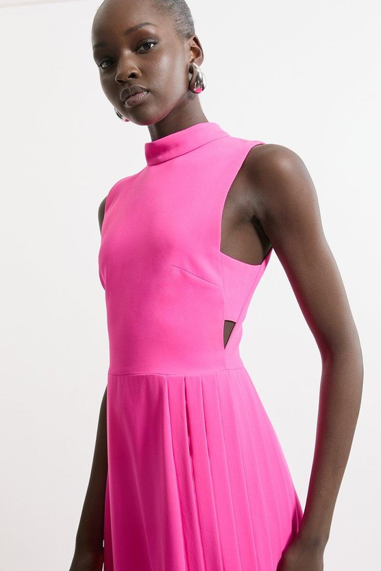 Karen Millen Soft Tailored Pleated Panel Midaxi Dress Hot Pink