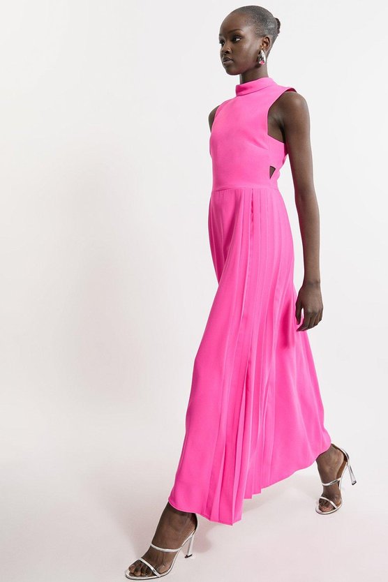 Karen Millen Soft Tailored Pleated Panel Midaxi Dress Hot Pink