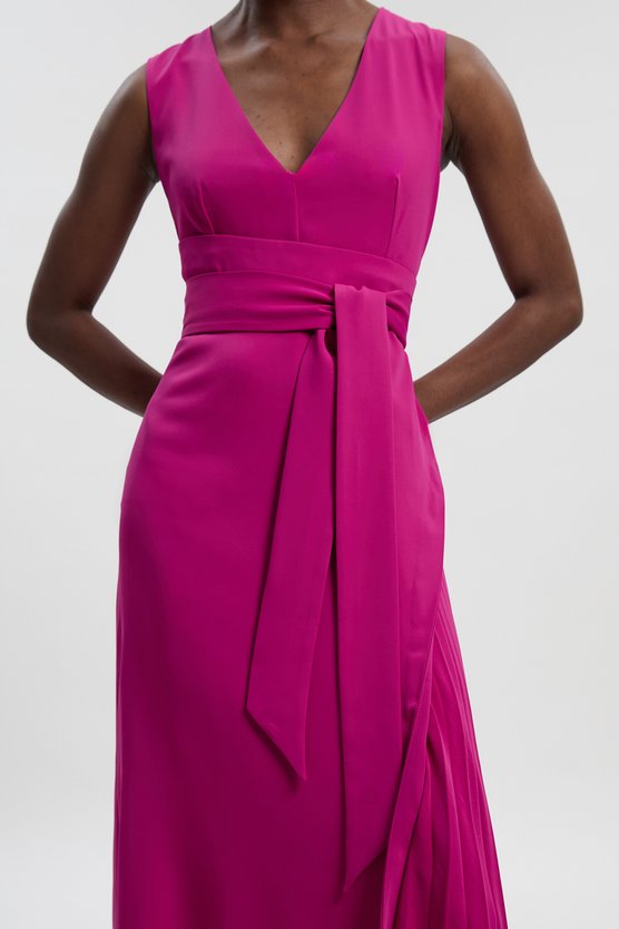 Karen Millen Soft Tailored Side Pleated Midi Dress Fuchsia