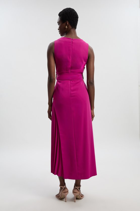 Karen Millen Soft Tailored Side Pleated Midi Dress Fuchsia