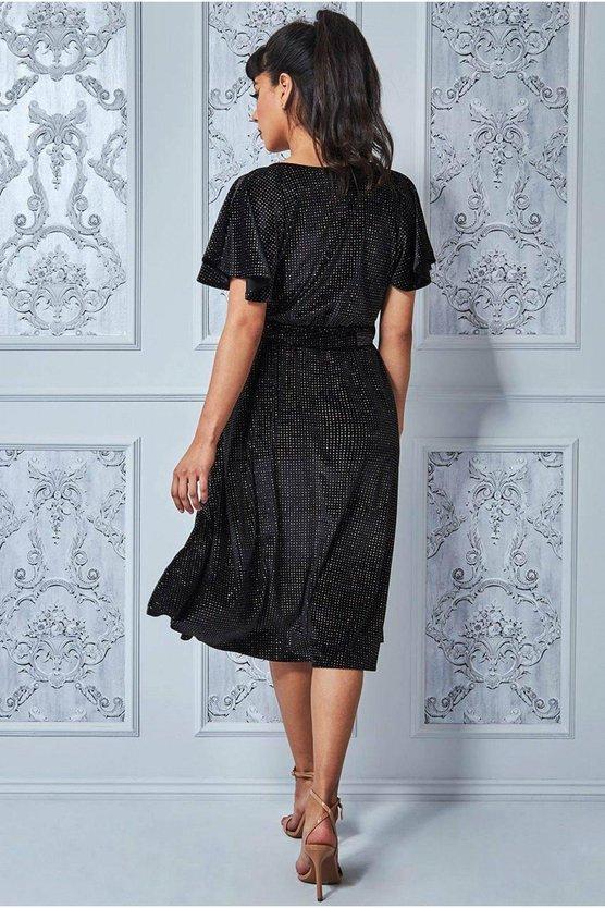 Karen Millen Sparkle Wrap Style Flutter Sleeve Midi Dress Black