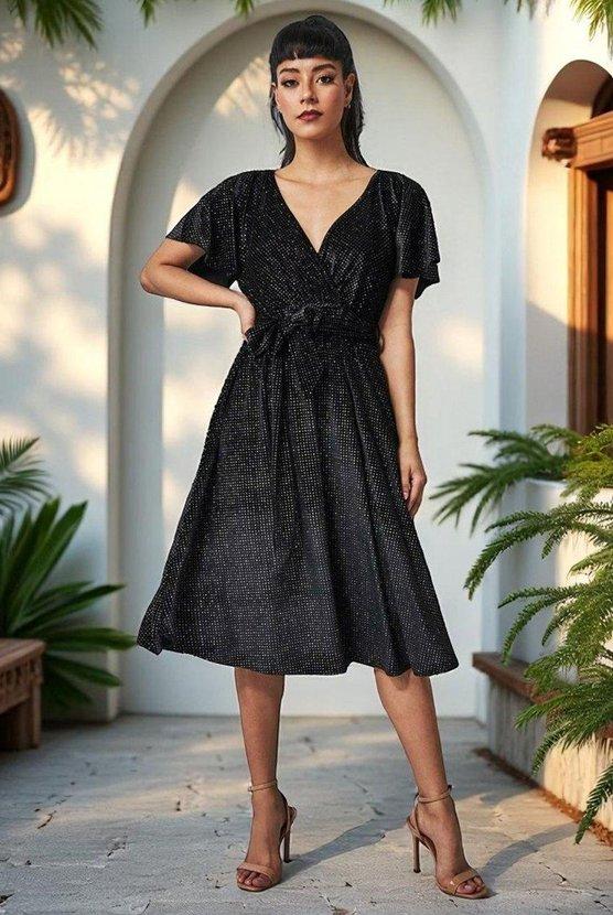 Karen Millen Sparkle Wrap Style Flutter Sleeve Midi Dress Black