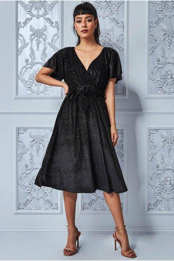 karen millen Sparkle Wrap Style Flutter Sleeve Midi Dress Black